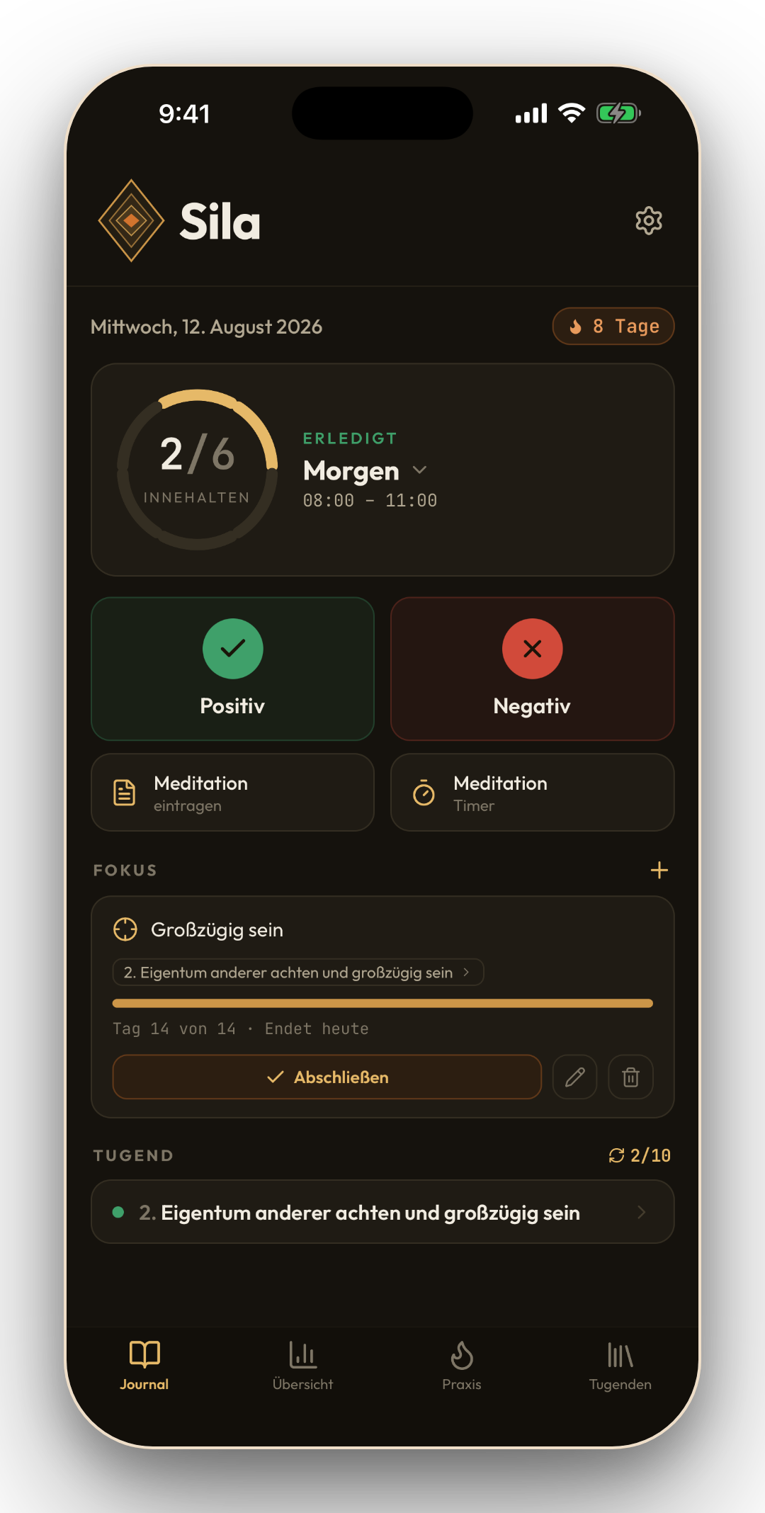 Journal-Ansicht der App Sila